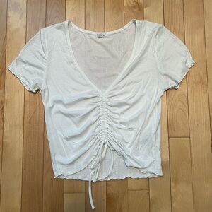 Garage White Ruched V-Neck Short Sleeve Top
